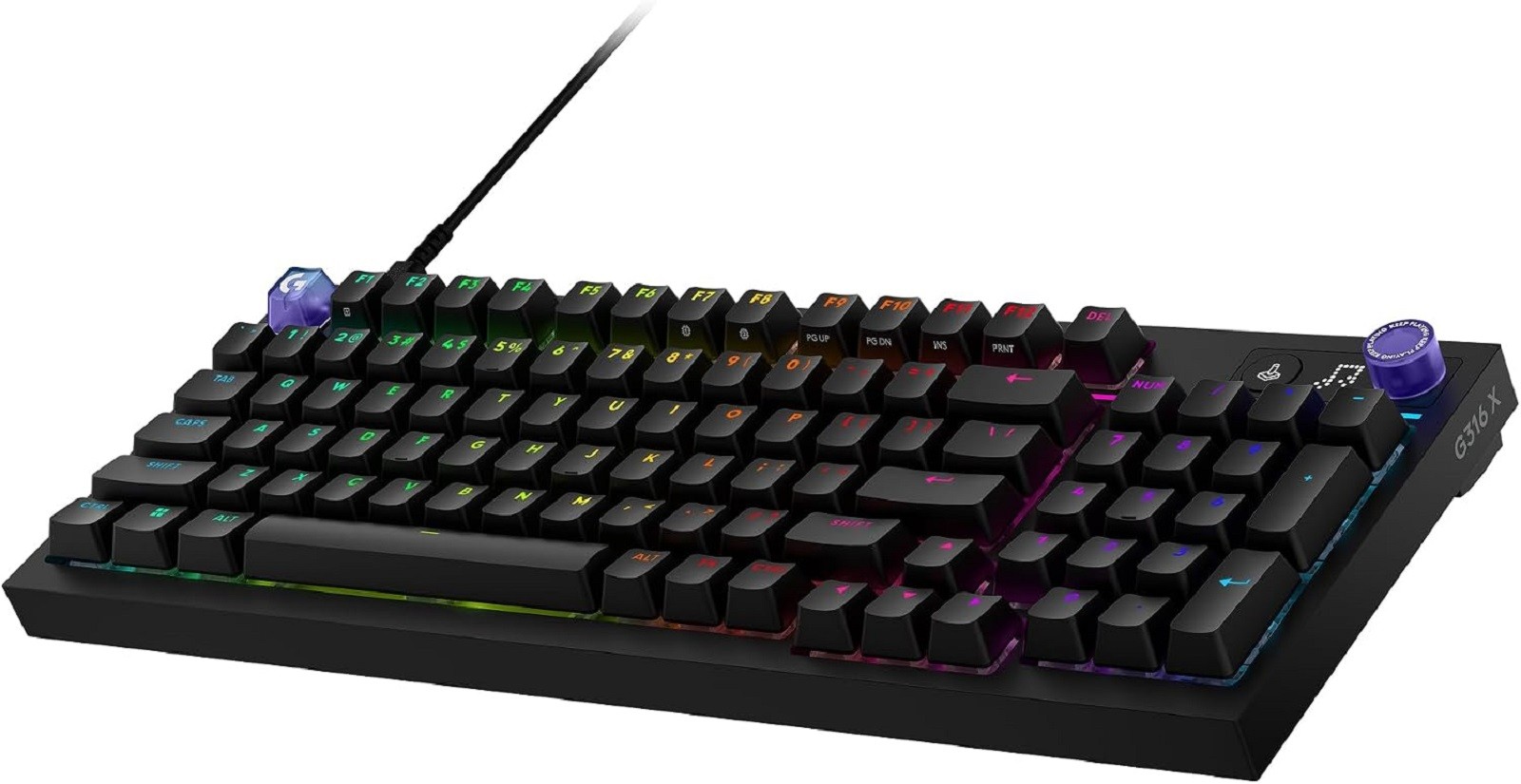 Logitech G316 X 98, frequenza di aggiornamento 8 kHz, switch tattili sostituibili a caldo, struttura con guarnizioni, display a matrice di punti LED e manopola, tasti in PBT a doppio strato