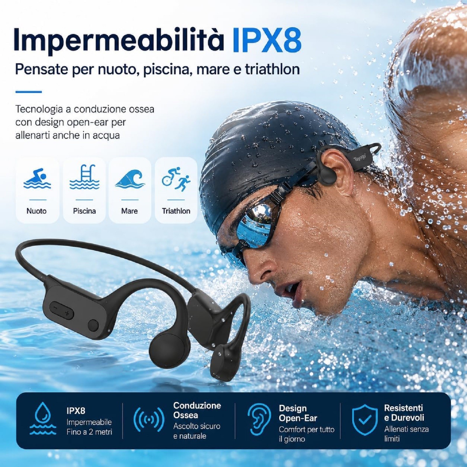 Tayogo Cuffie da Nuoto a Conduzione Ossea IPX8, Lettore MP3 Subacqueo 32GB e Bluetooth 5.4, Cuffie Impermeabili con Microfono per Chiamate, Piscina, Mare, Triathlon, Corsa e Sport, W26