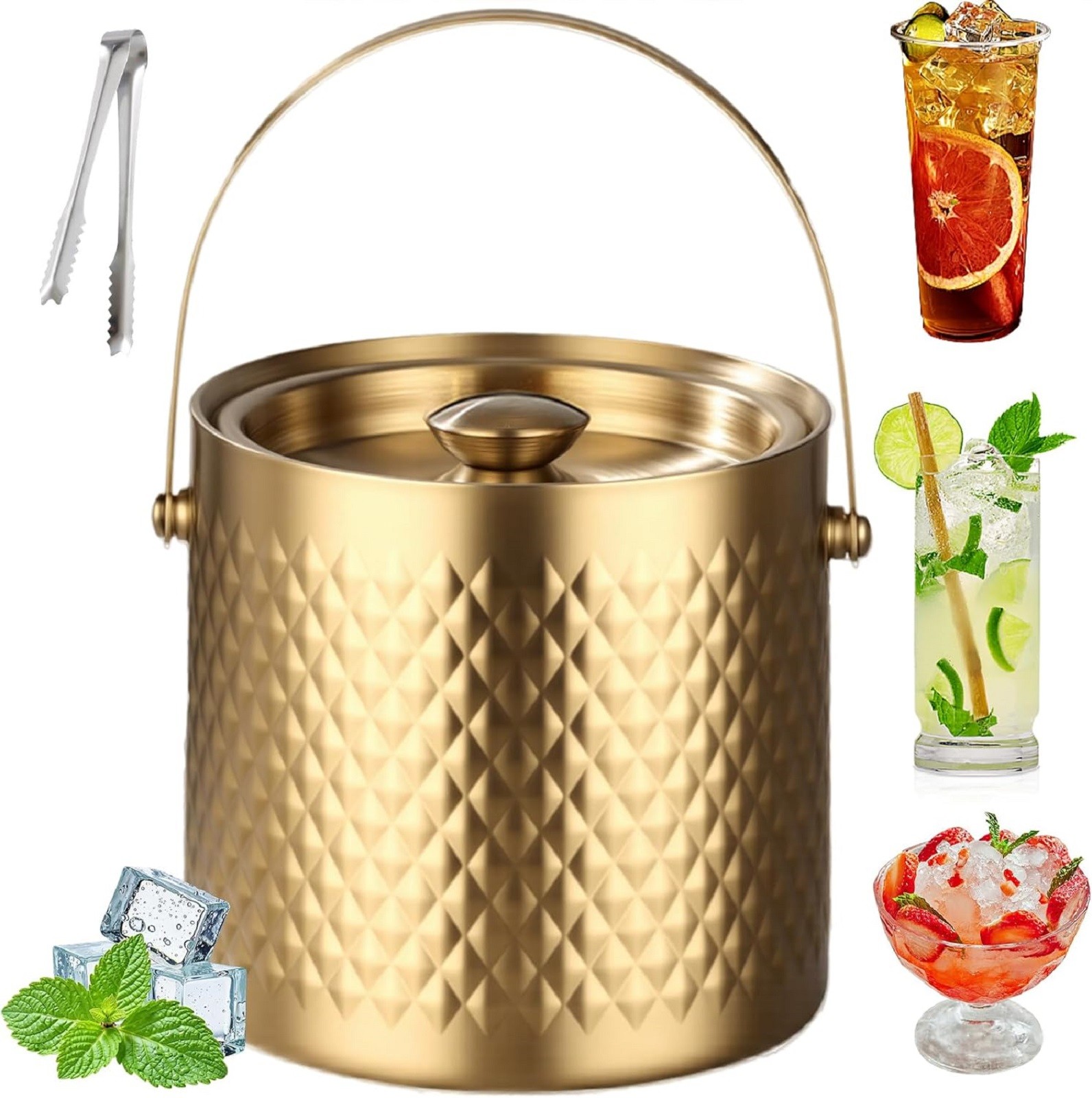 Secchiello per il ghiaccio isolato con coperchio, in acciaio inox, a doppia parete, sottovuoto, per cocktail, birra e champagne, ideale per casa, bar, pub, barbecue e picnic (dorato)